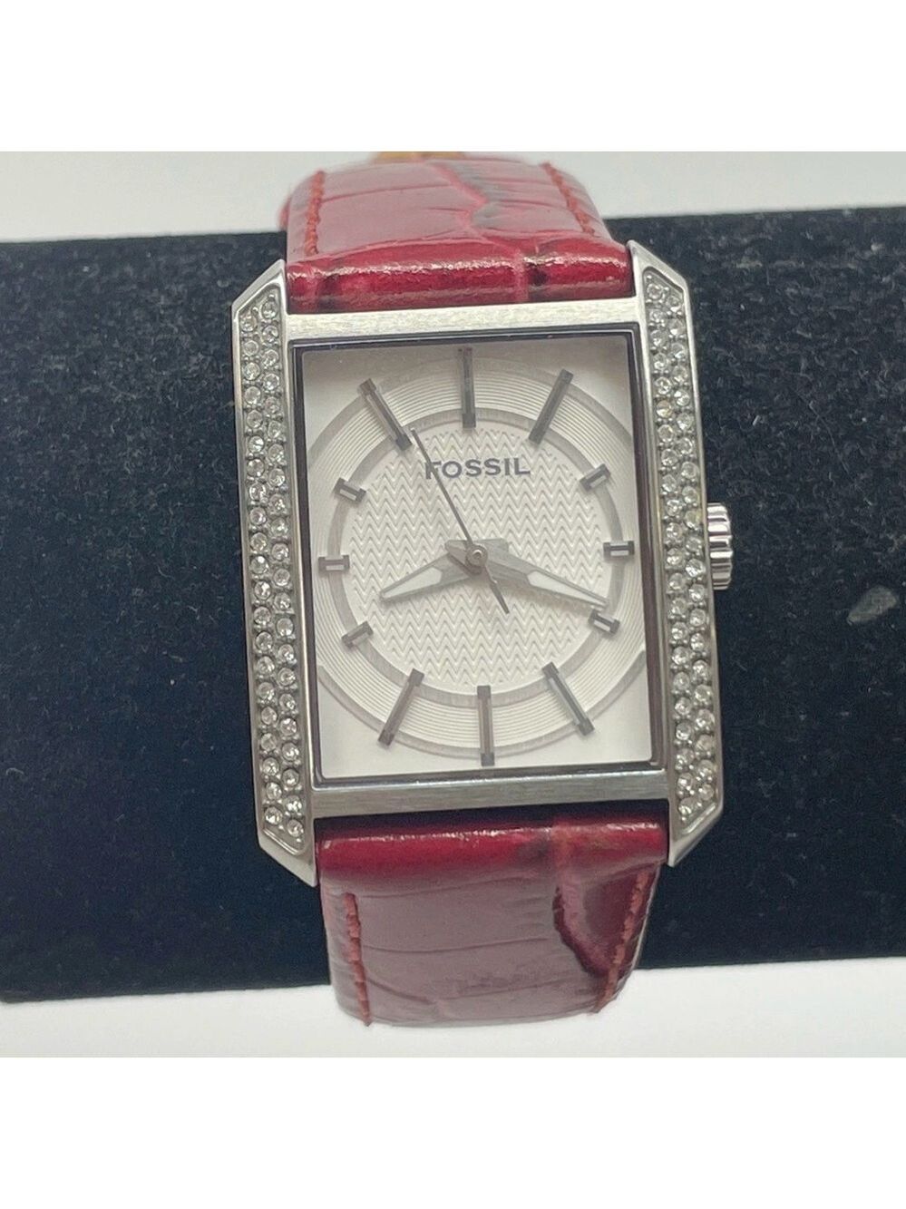 Fossil Silver Tone Rhinestone Bezel Red Leather Band Watch 3089